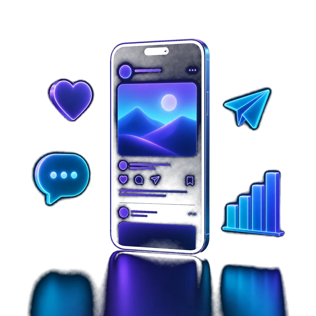 Svítící telefon se sociálním obsahem a ikonami reakcí