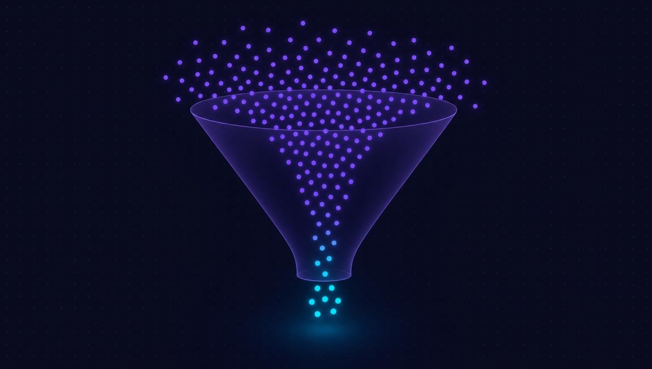 Conversion funnel: many clicks narrowing to a few valuable conversions