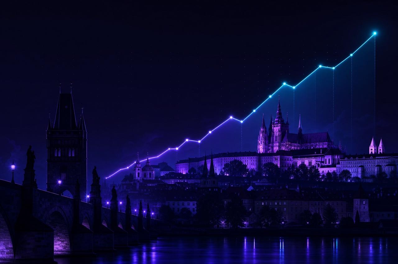 Prague skyline at night with a rising performance chart: entering the Czech market