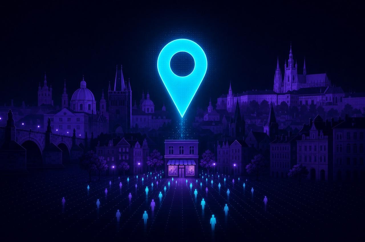 Opening a location in Prague: a map pin over the city drawing foot traffic