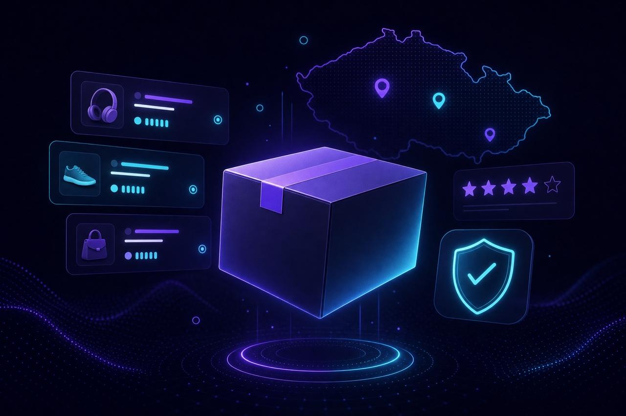 Selling online in Czechia: a parcel surrounded by price comparison cards, ratings and a trust badge